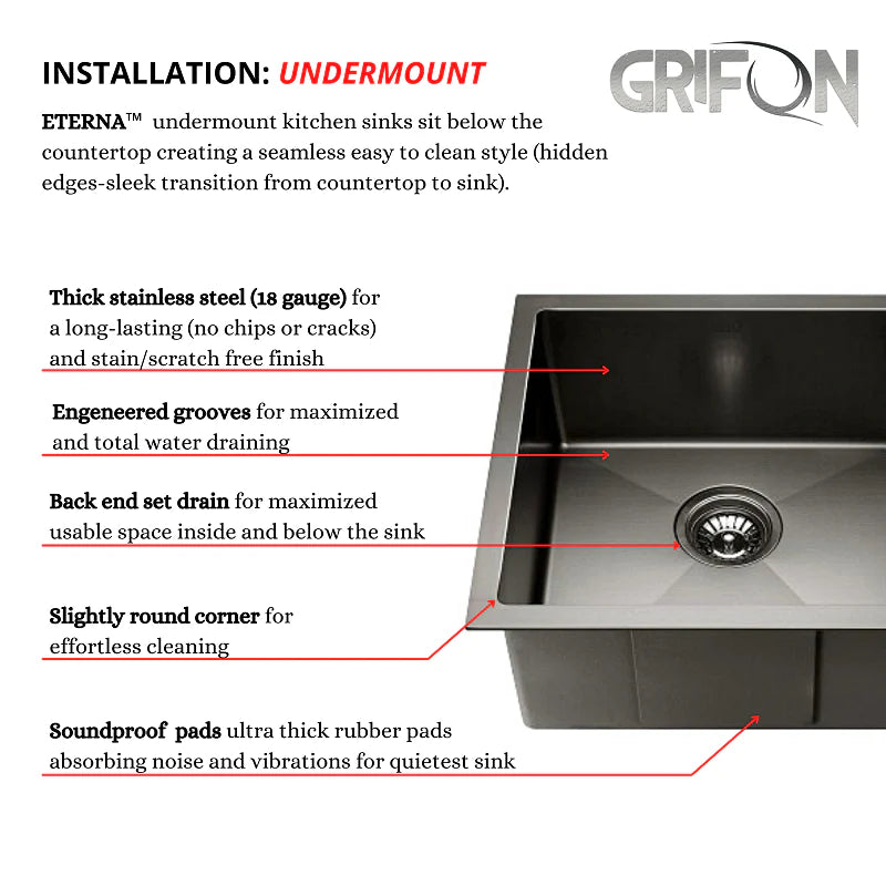 Eterna™ GS308 - Stainless Steel 23-in Single bowl Undermount Standard Kitchen sink with accessories