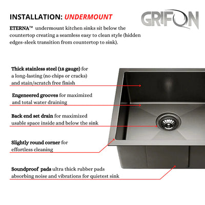 Eterna™ GS311 - Stainless Steel 32-in Double bowl 70/30 Undermount Standard Kitchen sink with accessories