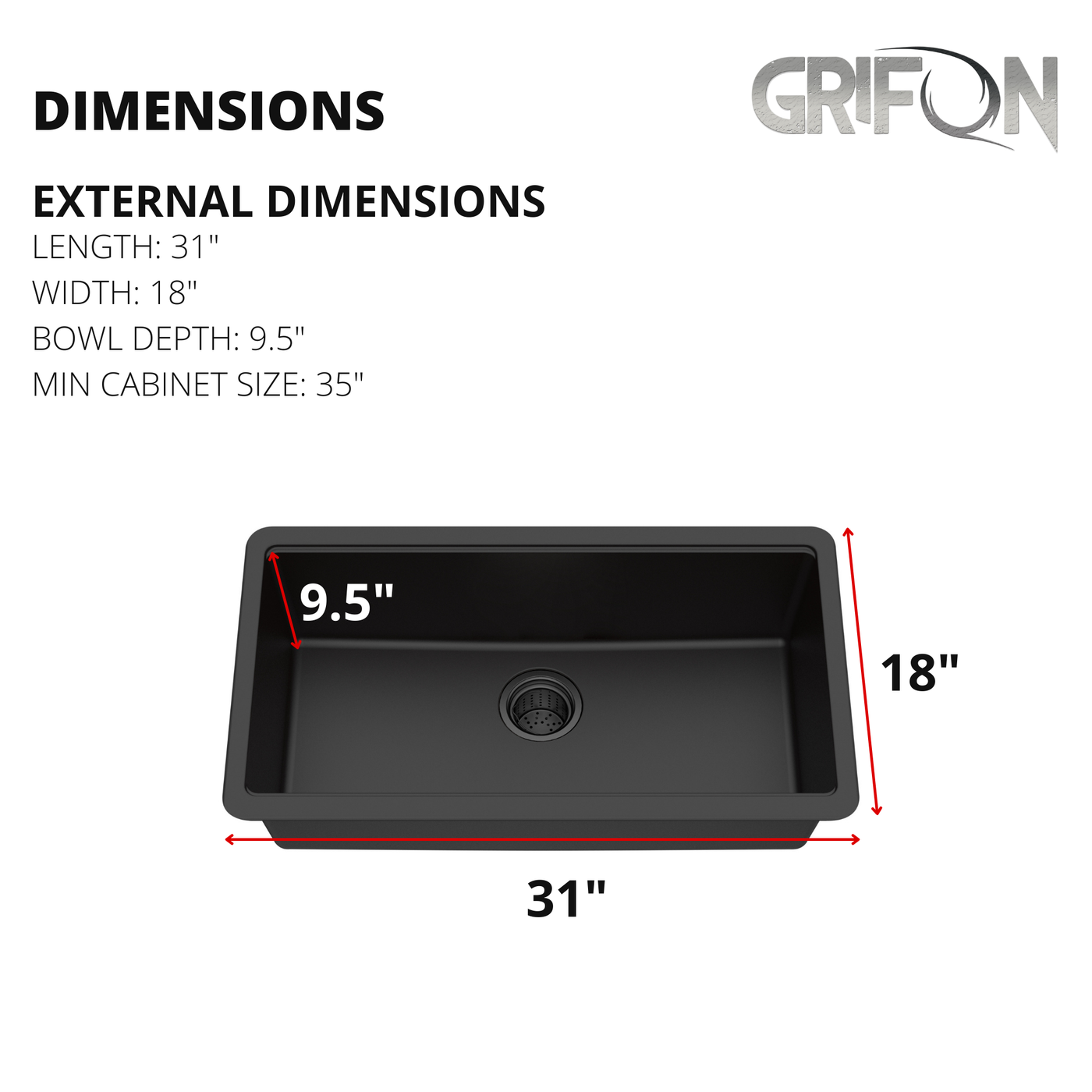 Azur-M™ Black 31" - Granite Sink 31"- Single Bowl Undermount  - Kitchen Sink with Accessories
