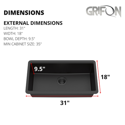 Azur-M™ Black 31" - Granite Sink 31"- Single Bowl Undermount  - Kitchen Sink with Accessories