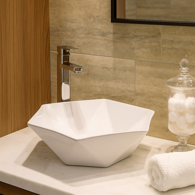 California™ GS0422 – White Ceramic 18,9” Hexagonal Vessel Sink -  Bathroom Sink