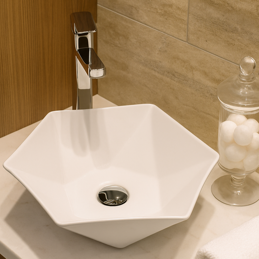 California™ GS0422 – White Ceramic 18,9” Hexagonal Vessel Sink -  Bathroom Sink