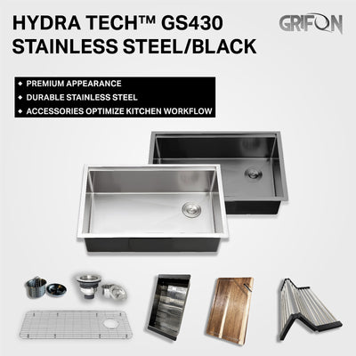 Évier de cuisine Hydra Tech™ GS430 en acier inoxydable, 30 po, poste de travail à cuve unique encastré avec accessoires