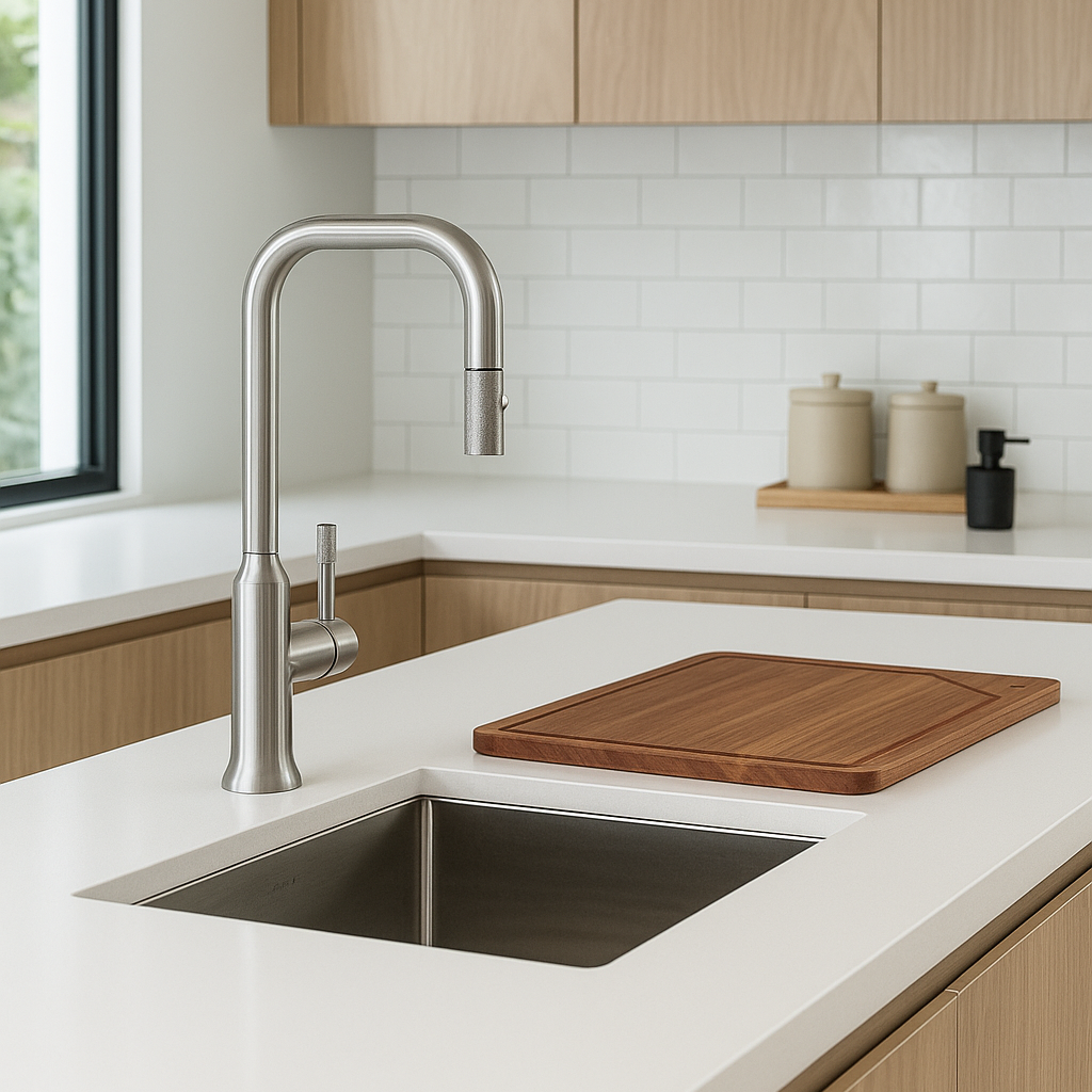 Modern kitchen with stainless steel faucet and sink, wooden cutting board on countertop.