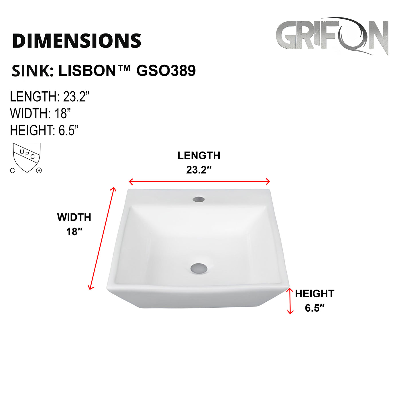 LISBON™ GSO389 – White Ceramic 23,2” -  Funnel square white sink for 1 hole tap -  Bathroom Sink