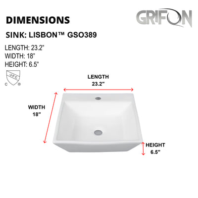 LISBON™ GSO389 – White Ceramic 23,2” -  Funnel square white sink for 1 hole tap -  Bathroom Sink
