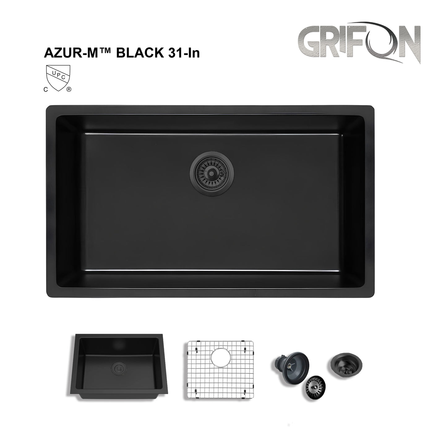 Azur-M™ Black 31" - Granite Sink 31"- Single Bowl Undermount  - Kitchen Sink with Accessories