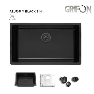 Azur-M™ Black 31" - Granite Sink 31"- Single Bowl Undermount  - Kitchen Sink with Accessories