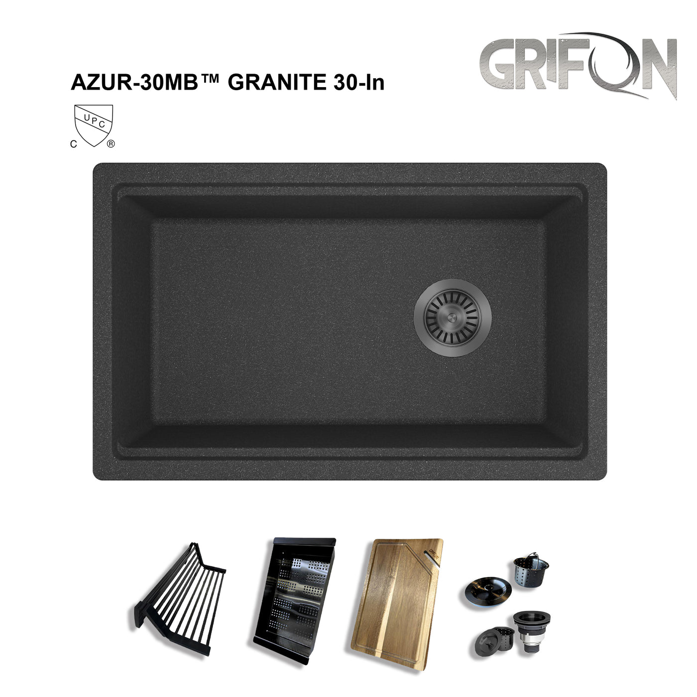 AZUR30™ GGS980 - Granite Sink 30" - Single Bowl Undermount Workstation - Kitchen Sink with Accessories