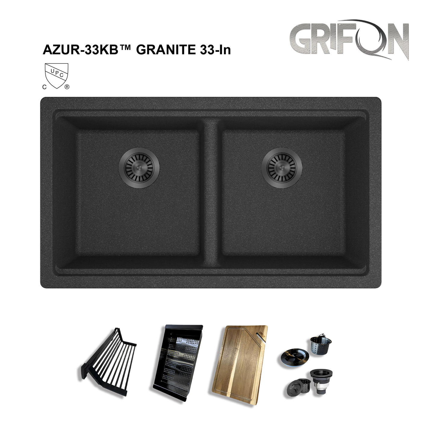 AZUR33™ GGS990 - Granite Sink 33" 50/50 Double Bowl Undermount Workstation - Kitchen Sink  with Accessories