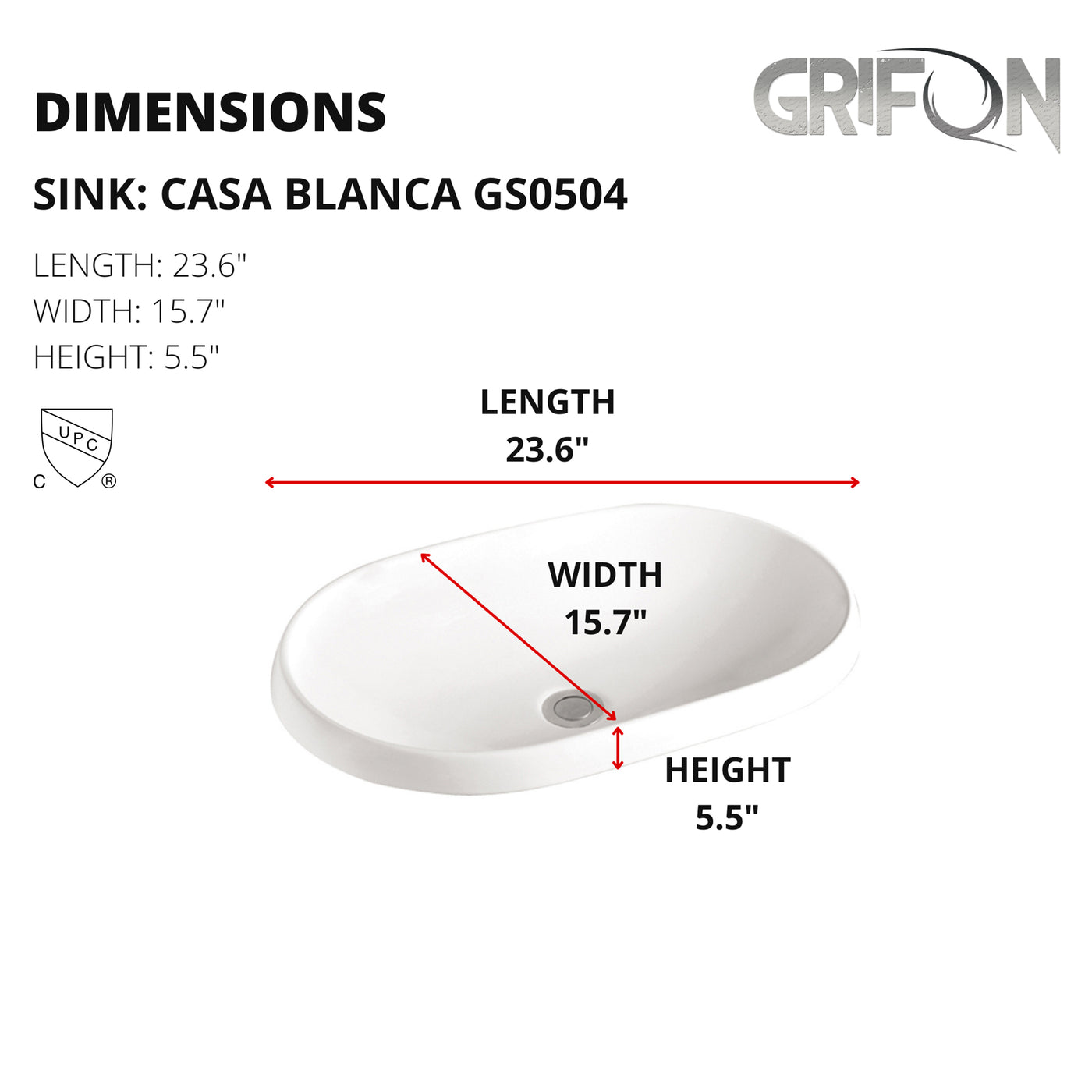 Casa Blanca™ GS0504 – White Ceramic 23.6” - Oval Vessel Sink -  Bathroom Sink