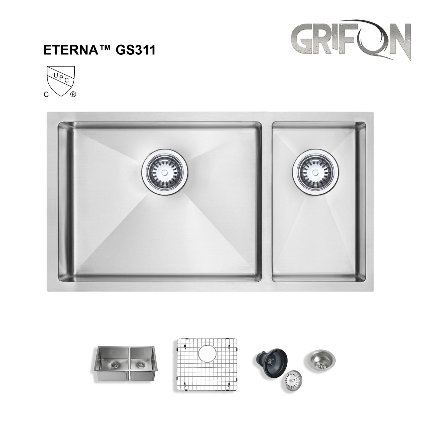 Eterna™ GS311 - Stainless Steel 32" Double bowl 70/30 Undermount Standard Kitchen sink with accessories
