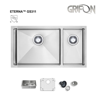 Eterna™ GS311 - Stainless Steel 32" Double bowl 70/30 Undermount Standard Kitchen sink with accessories