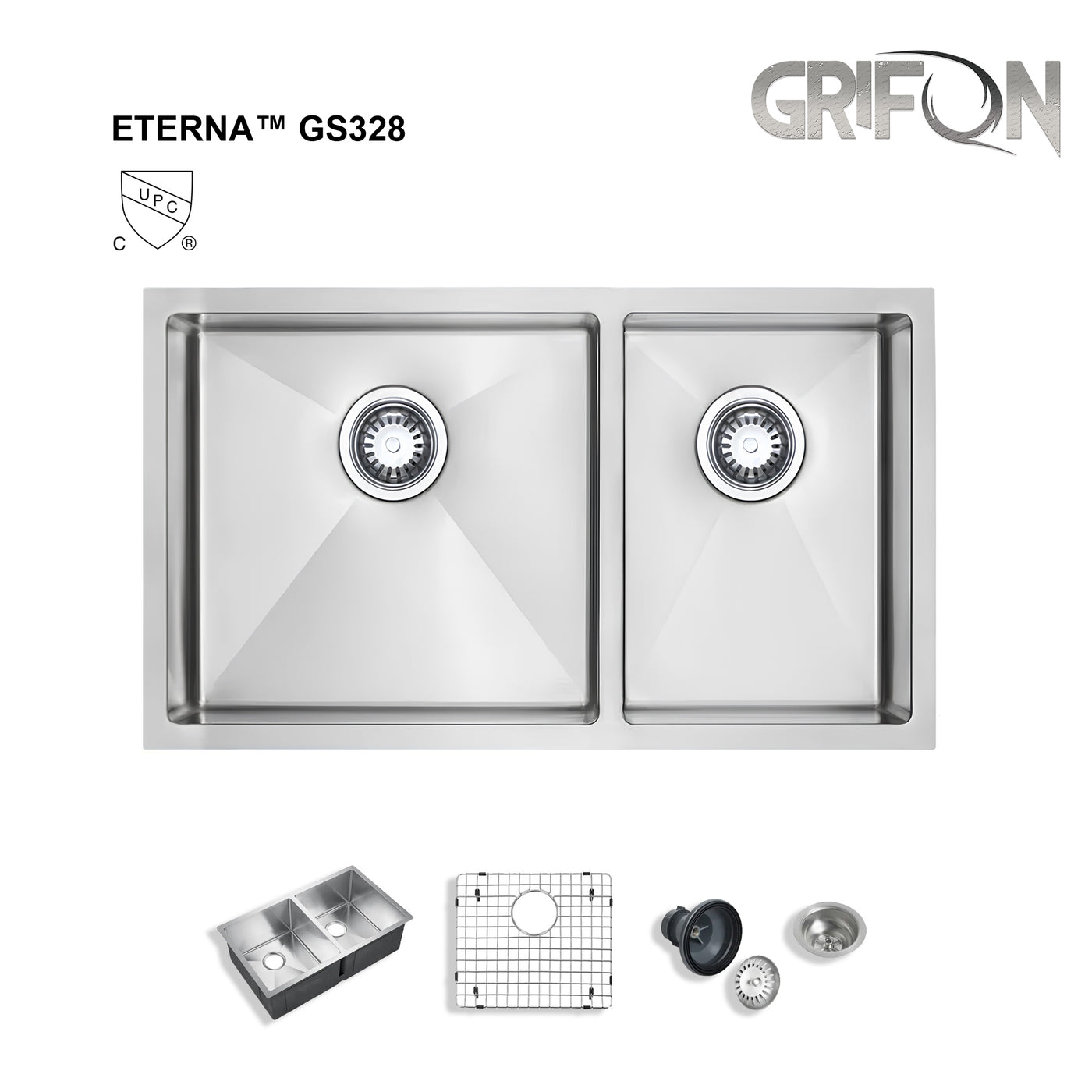 Eterna™ GS328 - Stainless Steel 28" Double bowl 60/40 Undermount Standard Kitchen sink with accessories