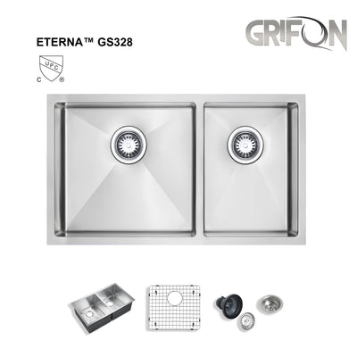 Eterna™ GS328 - Stainless Steel 28" Double bowl 60/40 Undermount Standard Kitchen sink with accessories