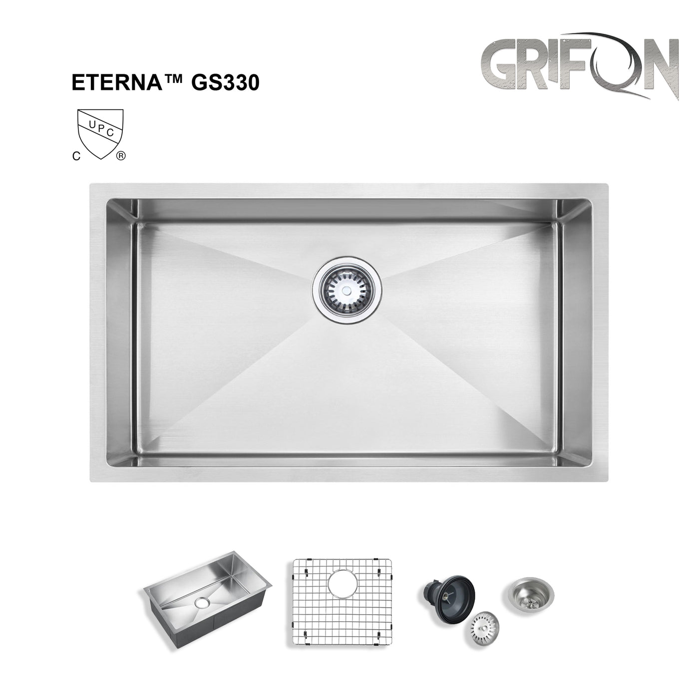 Eterna™ GS330 - Stainless Steel 30" Single bowl Undermount Standard Kitchen sink with accessories