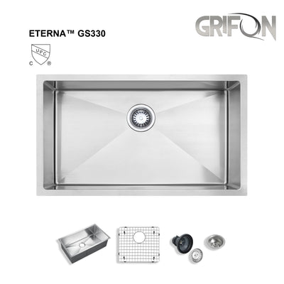 Eterna™ GS330 - Stainless Steel 30" Single bowl Undermount Standard Kitchen sink with accessories
