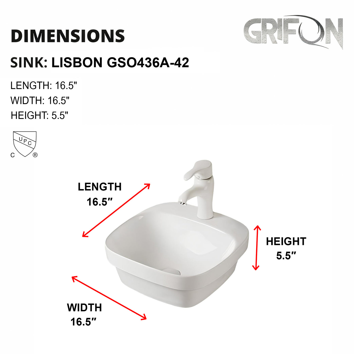 LISBON™ GSO436A-42 – White Ceramic 6,5” - Square Vessel sink for 1 hole tap -  Bathroom Sink