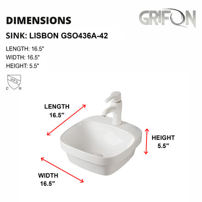 LISBON™ GSO436A-42 – White Ceramic 6,5” - Square Vessel sink for 1 hole tap -  Bathroom Sink