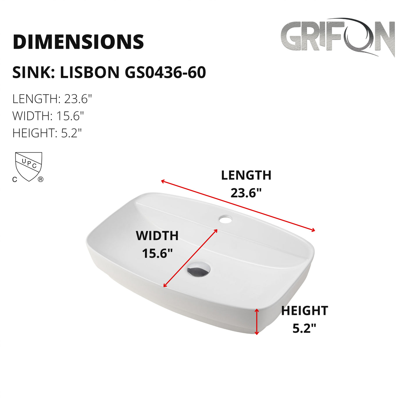 LISBON™ GS436-60 – White Ceramic 23,6” - Rectangular Vessel sink-  Bathroom Sink