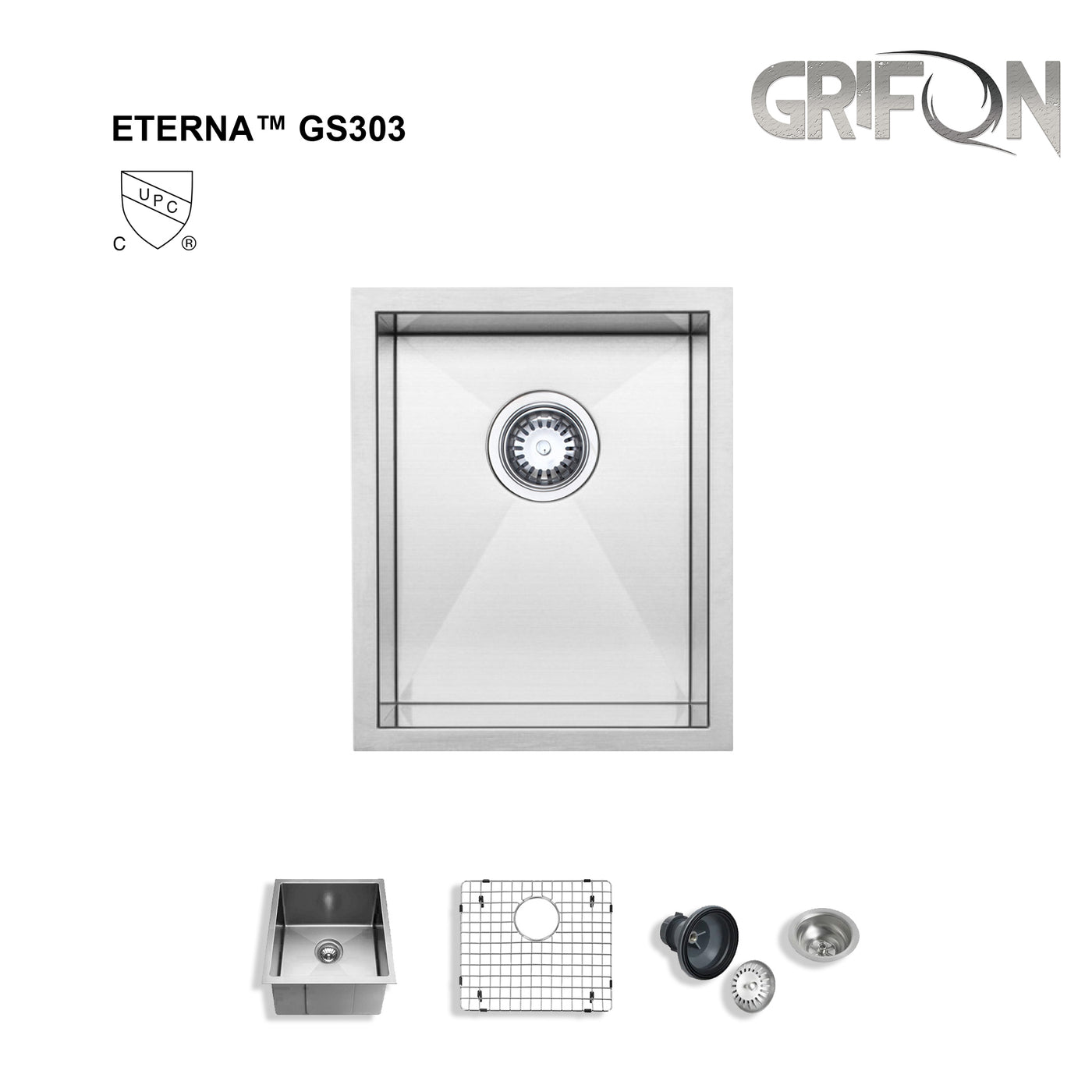 Eterna™ GS303 - Stainless Steel 14" Single bowl Undermount Standard Kitchen sink with accessories