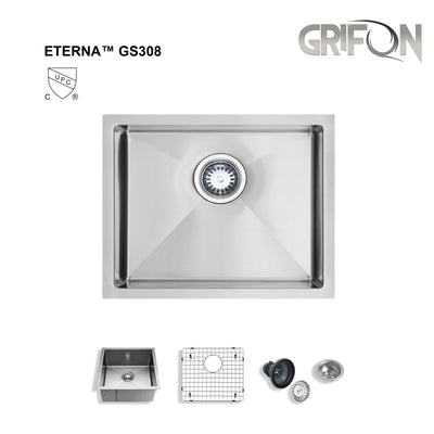 Eterna™ GS308 - Stainless Steel 23" Single bowl Undermount Standard Kitchen sink with accessories
