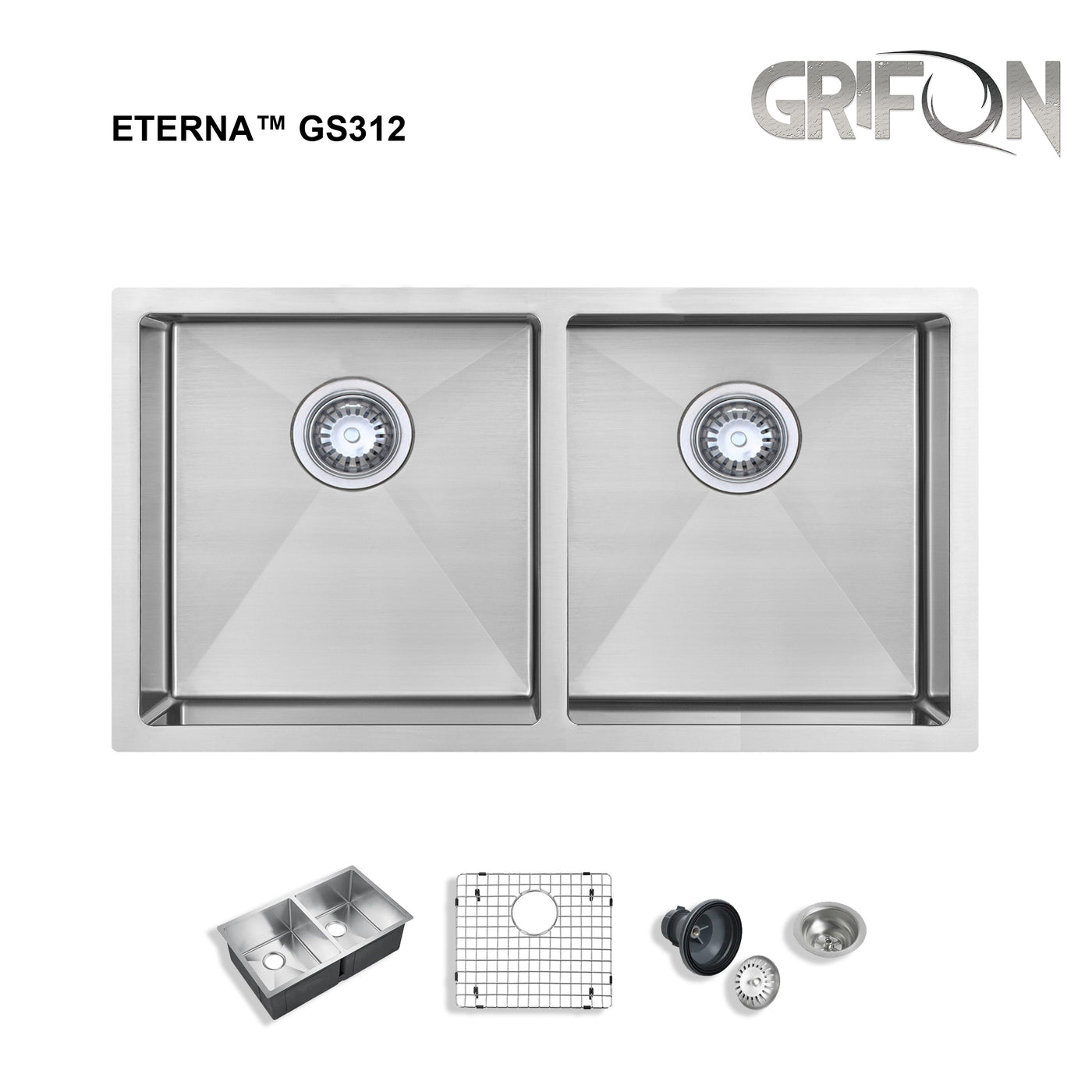 Eterna™ GS312 - Évier de cuisine standard à montage sous plan 50/50 à double cuve de 32 po en acier inoxydable avec accessoires