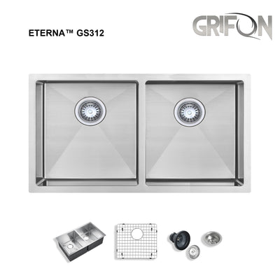 Eterna™ GS312 - Évier de cuisine standard à montage sous plan 50/50 à double cuve de 32 po en acier inoxydable avec accessoires