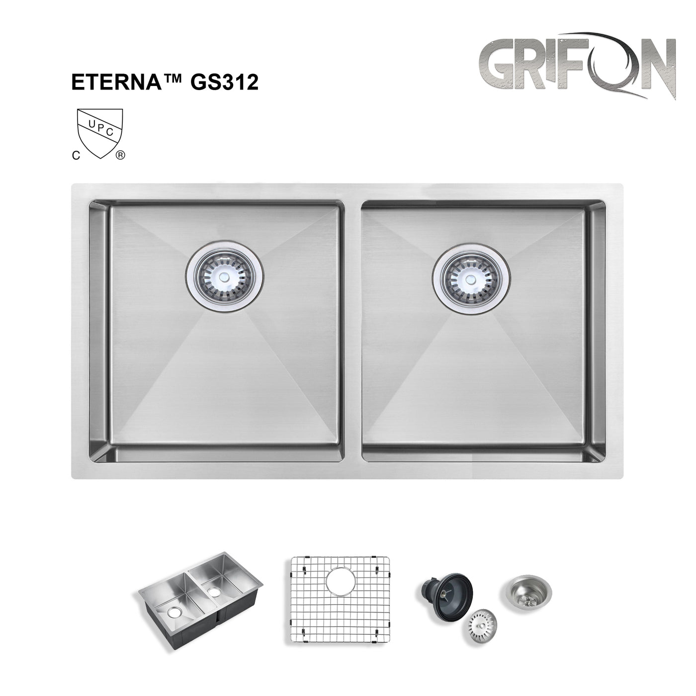 Eterna™ GS312 - Stainless Steel 32" Double bowl 50/50 Undermount Standard Kitchen sink with accessories