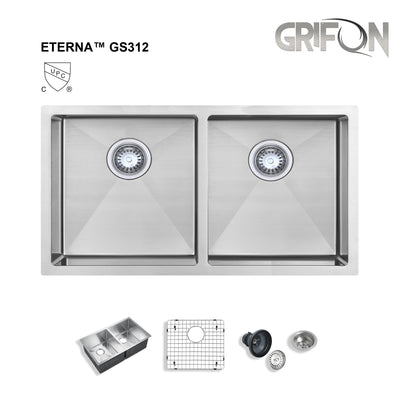 Eterna™ GS312 - Stainless Steel 32" Double bowl 50/50 Undermount Standard Kitchen sink with accessories