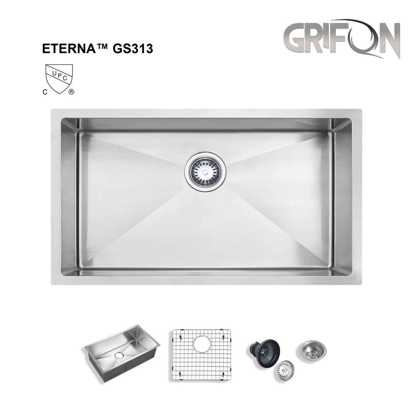 Eterna™ GS313 - Stainless Steel 32" Single bowl Undermount Standard Kitchen sink with accessories