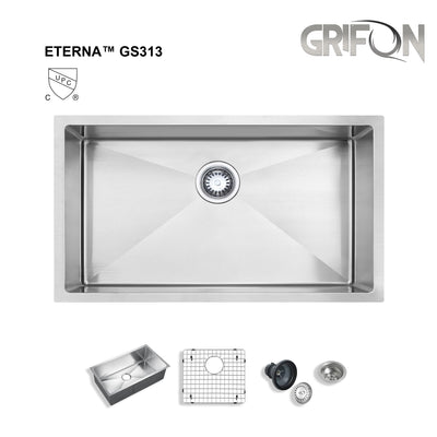 Eterna™ GS313 - Stainless Steel 32" Single bowl Undermount Standard Kitchen sink with accessories