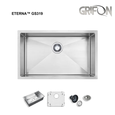 Eterna™ GS319 - Évier de cuisine standard à montage sous plan à une seule cuve de 28 po en acier inoxydable avec accessoires