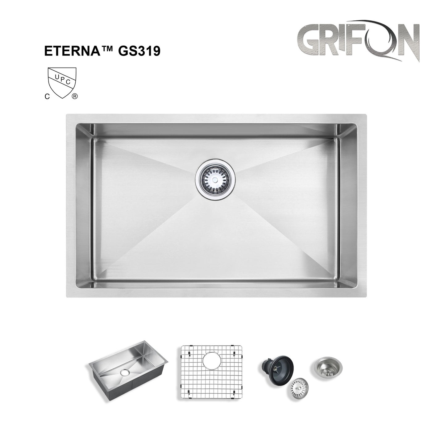 Eterna™ GS319 - Stainless Steel 28" Single bowl Undermount Standard Kitchen sink with accessories