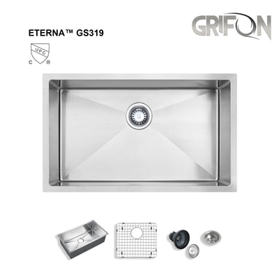 Eterna™ GS319 - Stainless Steel 28" Single bowl Undermount Standard Kitchen sink with accessories