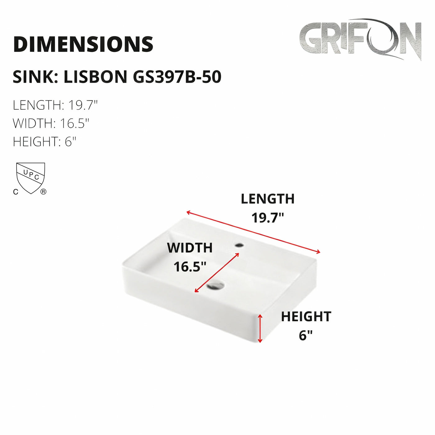 LISBON™ GS397B-50 – White Ceramic 19,7” - Rectangular Drop-in sink-  Bathroom Sink