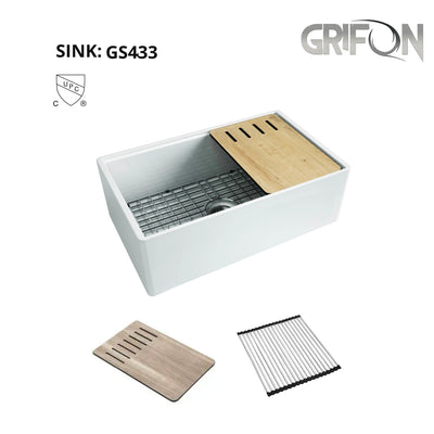 GS433 Fireclay 33" Single Bowl Apron Front Workstation Kitchen Sink with Accessories