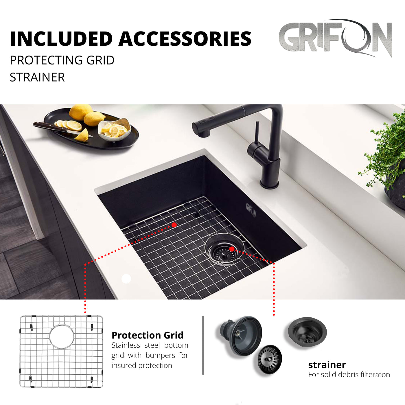 Azur-M™ Black 31" - Granite Sink 31"- Single Bowl Undermount  - Kitchen Sink with Accessories
