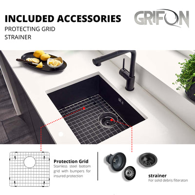 Azur-M™ Black 31" - Granite Sink 31"- Single Bowl Undermount  - Kitchen Sink with Accessories