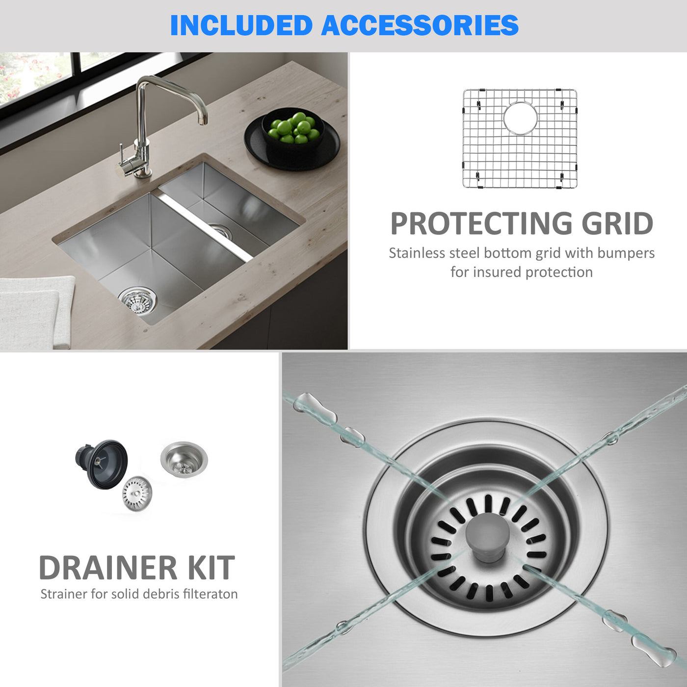 Eterna™ GS311 - Stainless Steel 32" Double bowl 70/30 Undermount Standard Kitchen sink with accessories