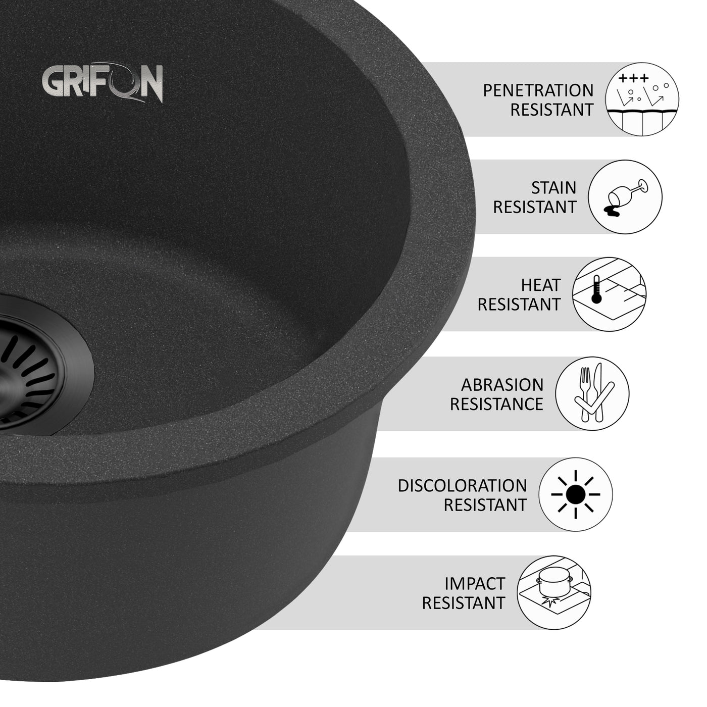 SMOKY 16" GGRS 916 - Granite Sink 16" - Single Bowl Undermount - Kitchen Sink