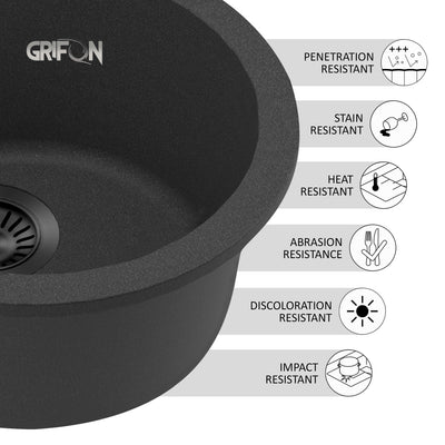 SMOKY 16" GGRS 916 - Granite Sink 16" - Single Bowl Undermount - Kitchen Sink