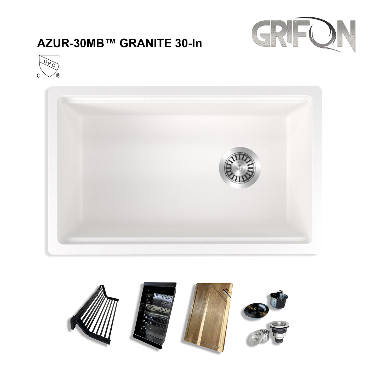 AZUR30™ GGS980 - Granite Sink 30" - Single Bowl Undermount Workstation - Kitchen Sink with Accessories