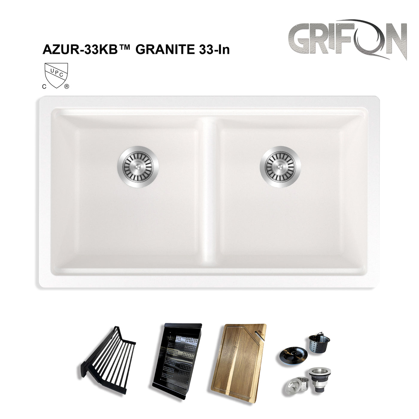 AZUR33™ GGS990 - Granite Sink 33" 50/50 Double Bowl Undermount Workstation - Kitchen Sink  with Accessories