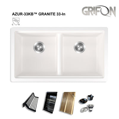 AZUR33™ GGS990 - Granite Sink 33" 50/50 Double Bowl Undermount Workstation - Kitchen Sink  with Accessories
