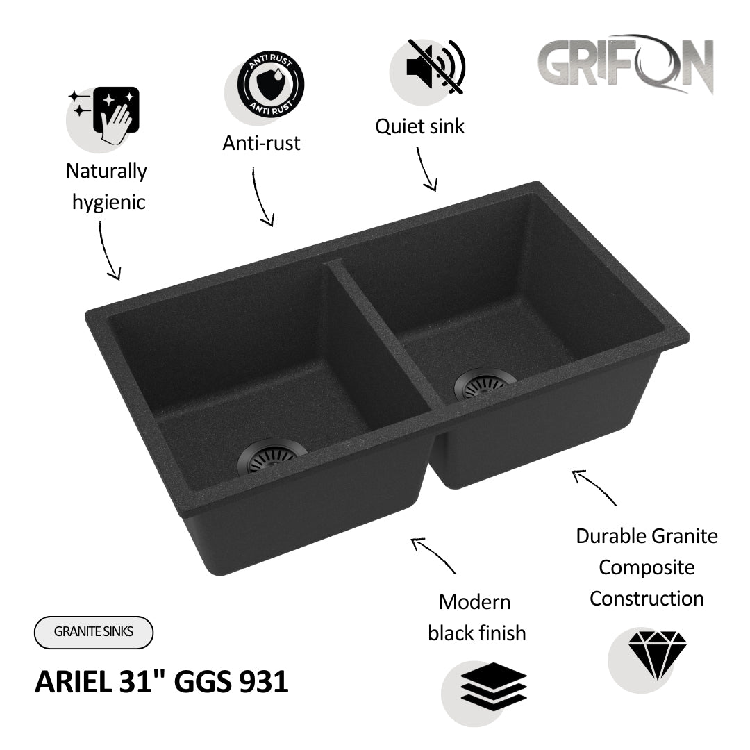 ARIEL 31" GGS 931 - Granite Sink 31" - Double Bowl Undermount - Kitchen Sink