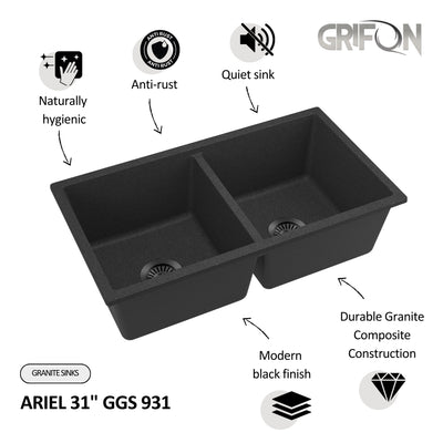 ARIEL 31" GGS 931 - Granite Sink 31" - Double Bowl Undermount - Kitchen Sink