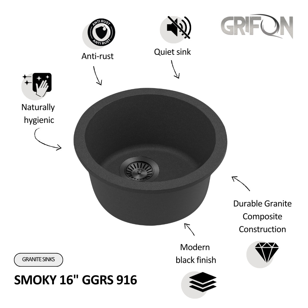 SMOKY 16" GGRS 916 - Granite Sink 16" - Single Bowl Undermount - Kitchen Sink