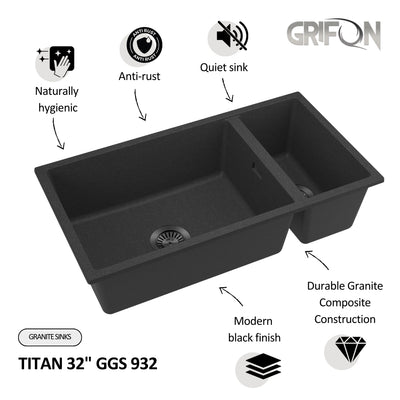 TITAN 32" GGS 932   Granite Sink 32" - Double Bowl Undermount - Kitchen Sink