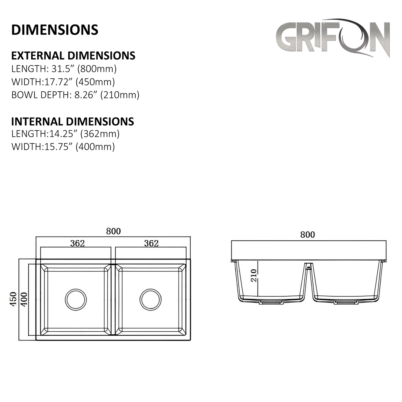 ARIEL 31" GGS 931 - Granite Sink 31" - Double Bowl Undermount - Kitchen Sink